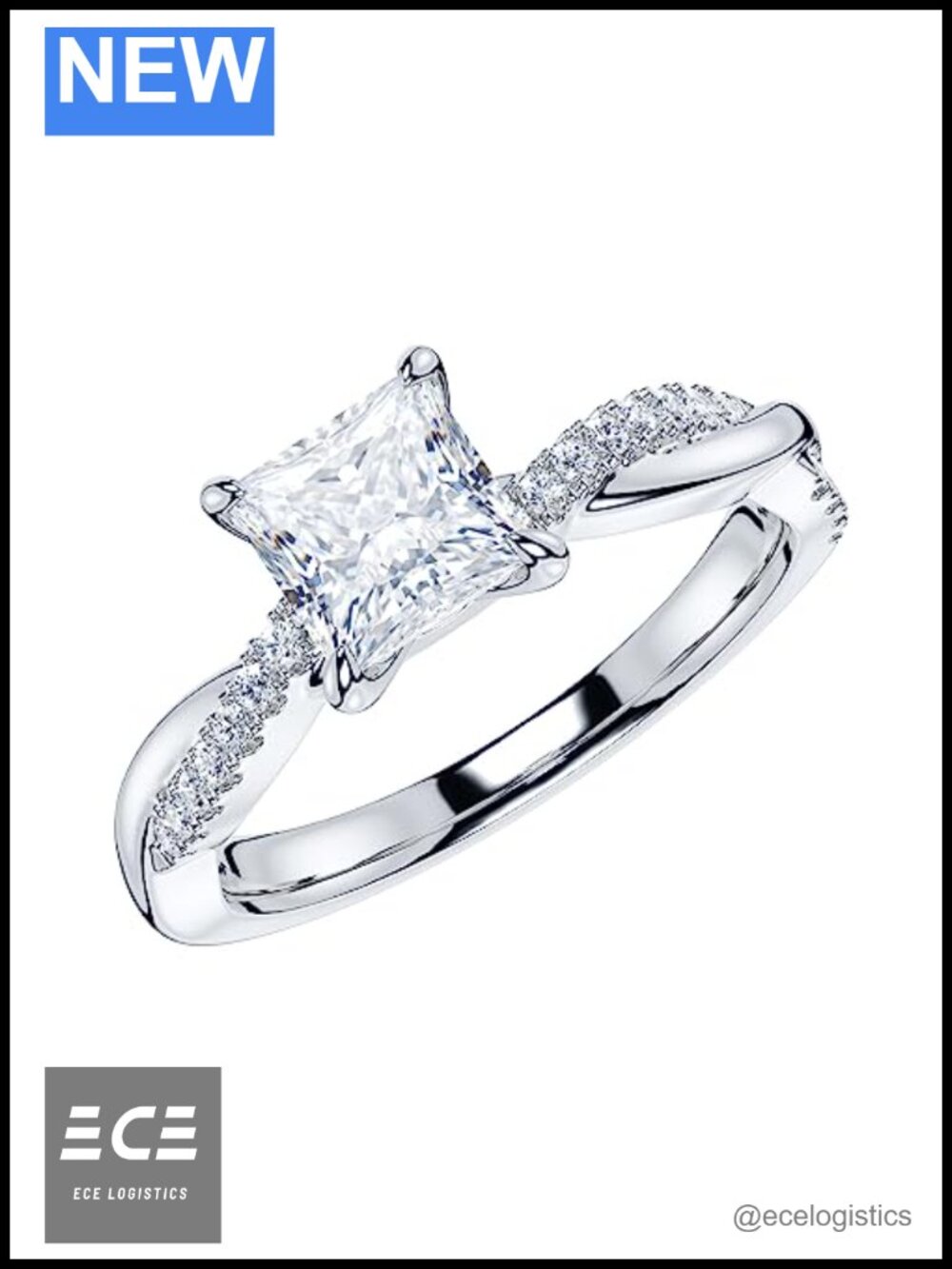 14k White Gold 3ct Princess Cut Moissanite Engagement Ring Size 7